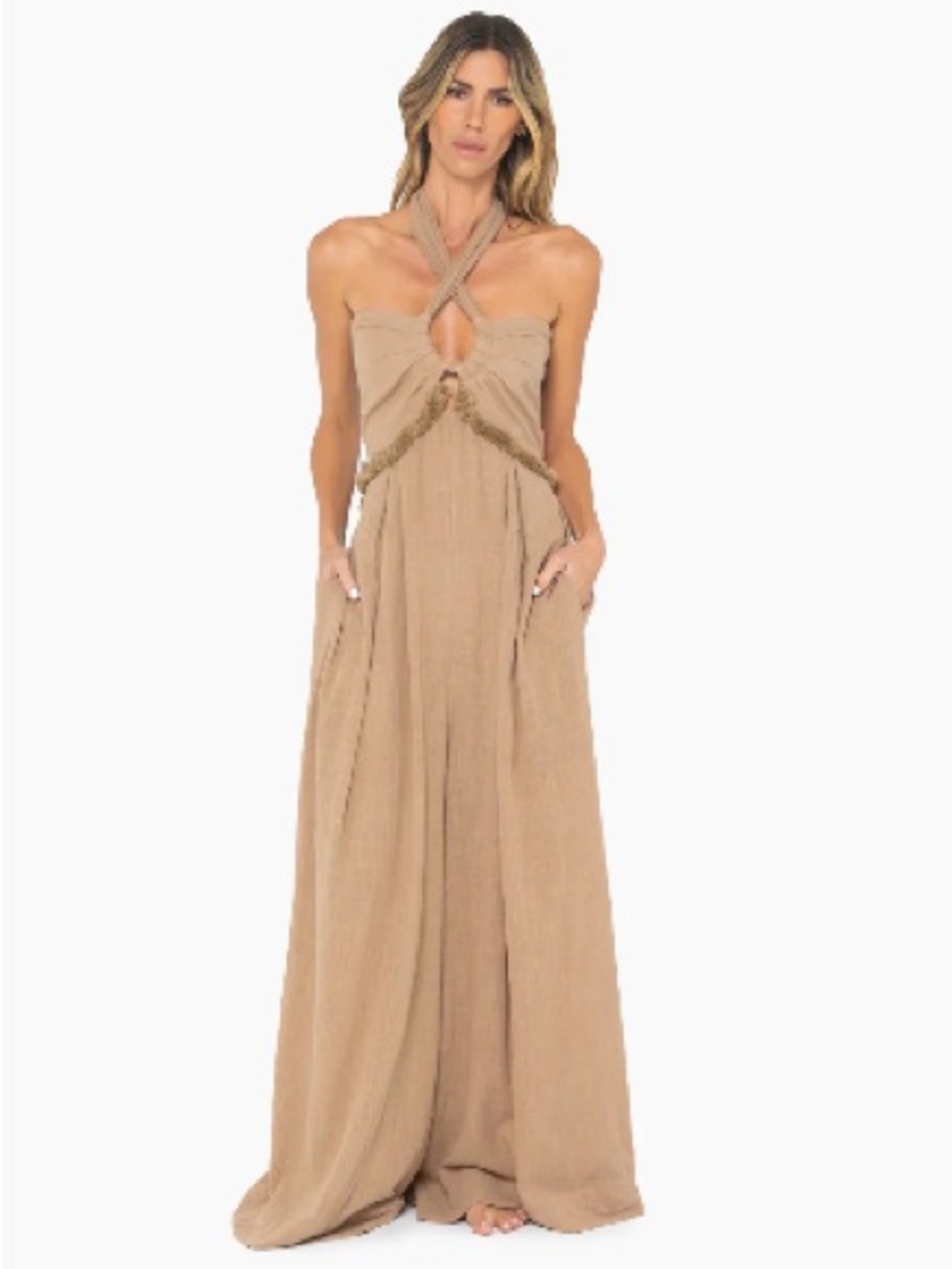 Twisted Halter Wide-Leg Jumpsuit in Beige